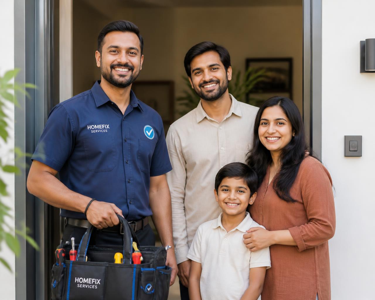 Smiling verified HomeFix handyman with his toolkit greeting a happy family at their front door