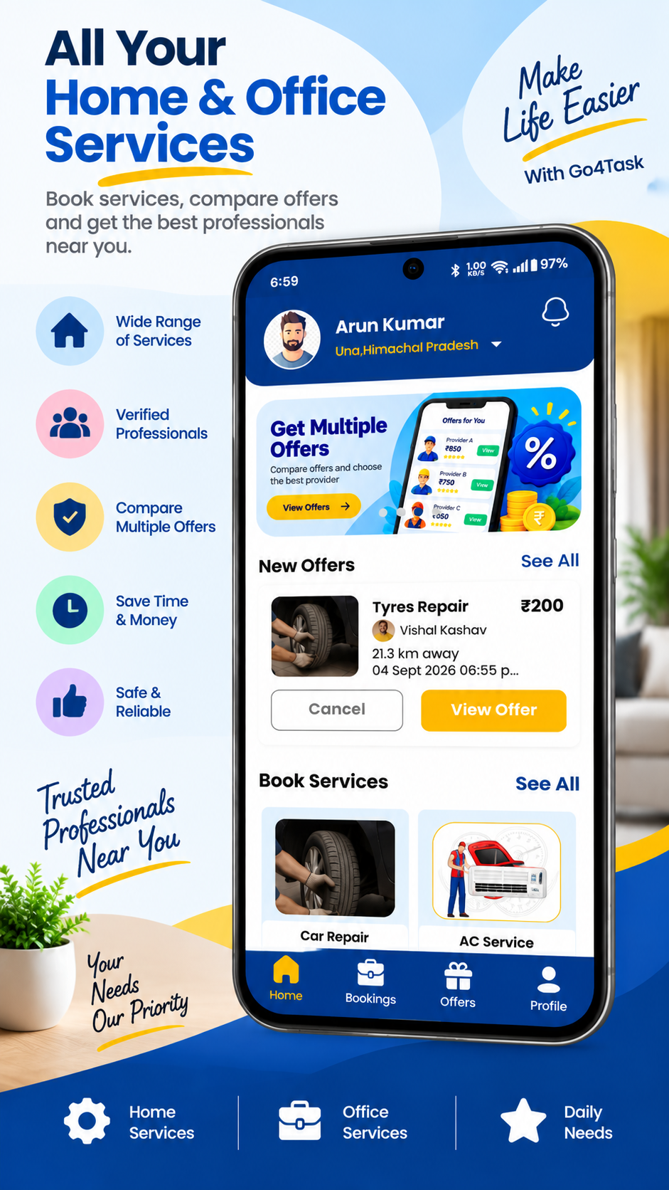 Go4Task customer app showing services and offers